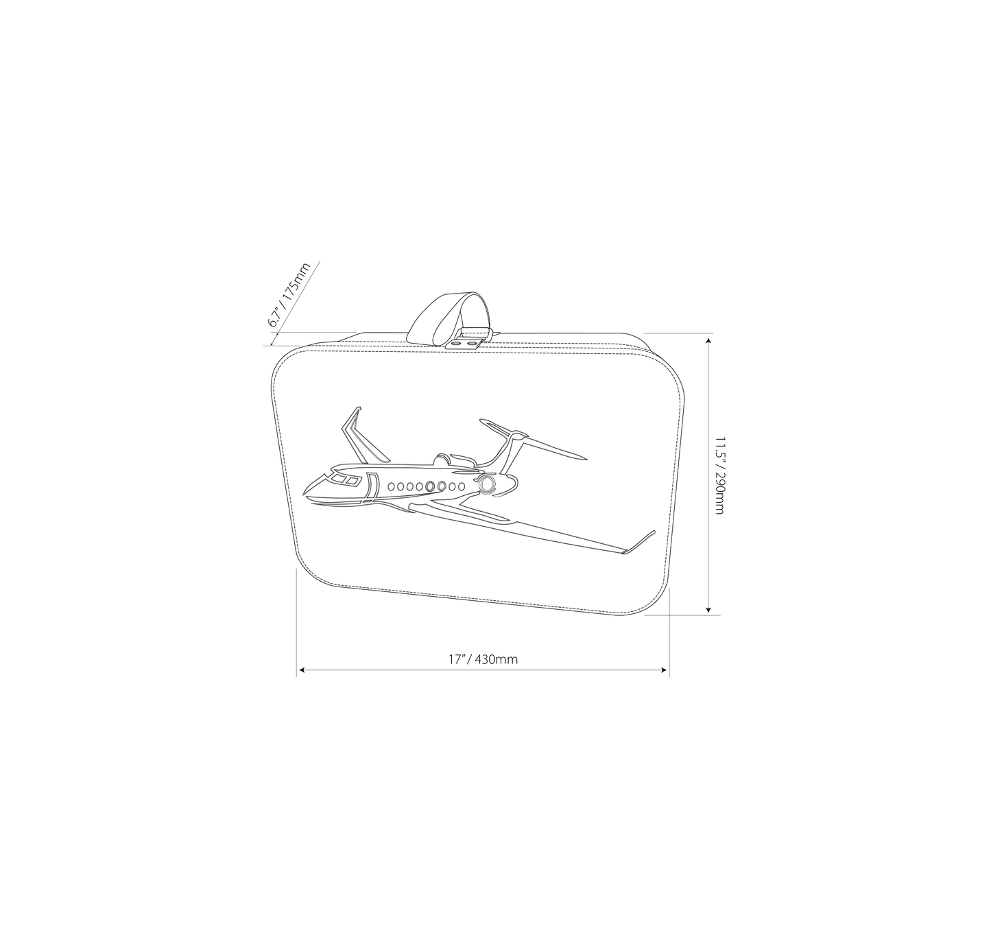 Outline of a suitcase with dimensions labeled on a white background