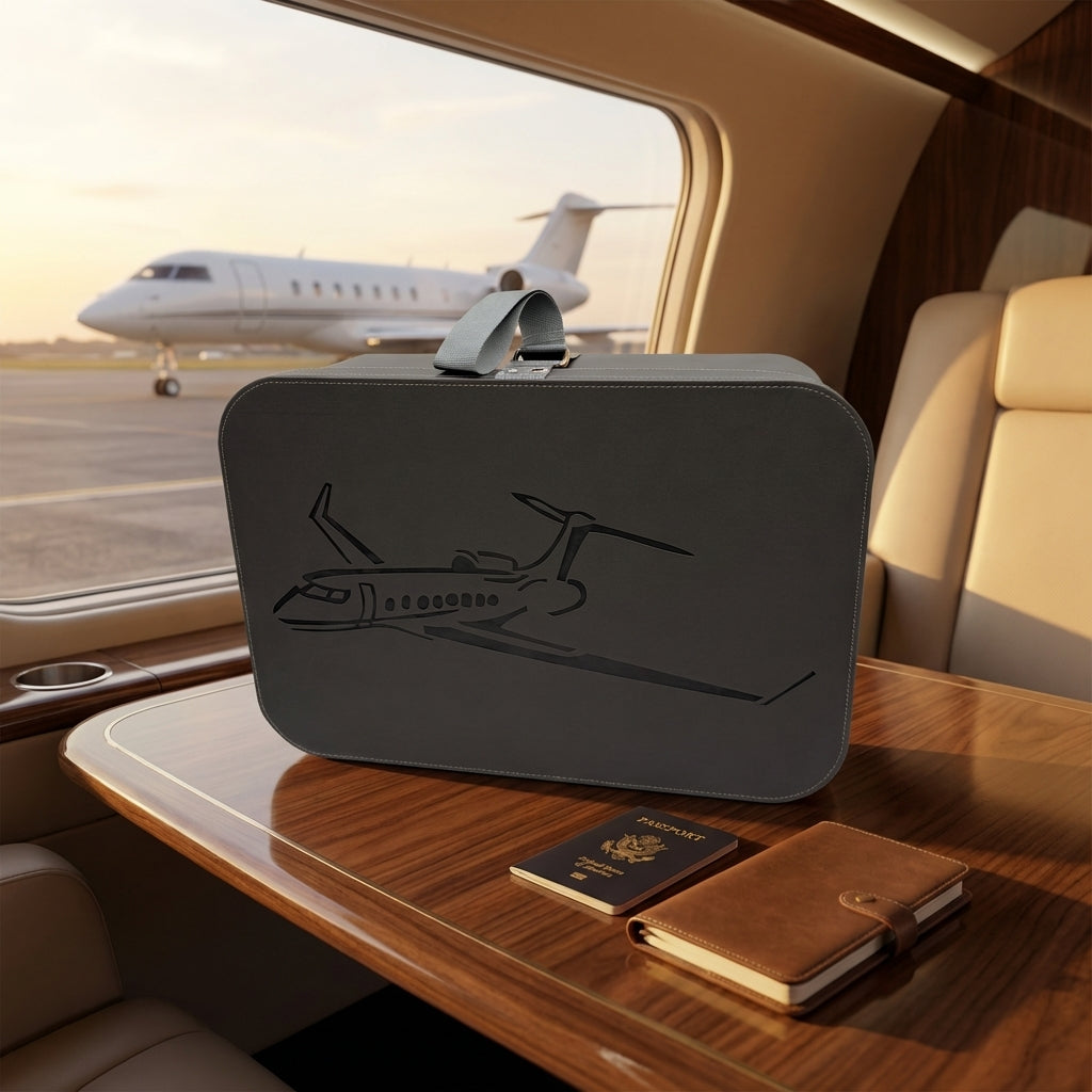 Gray faux leather carry-on travel case with embossed airplane design on a table inside an airplane, with a passport and notebook next to it.