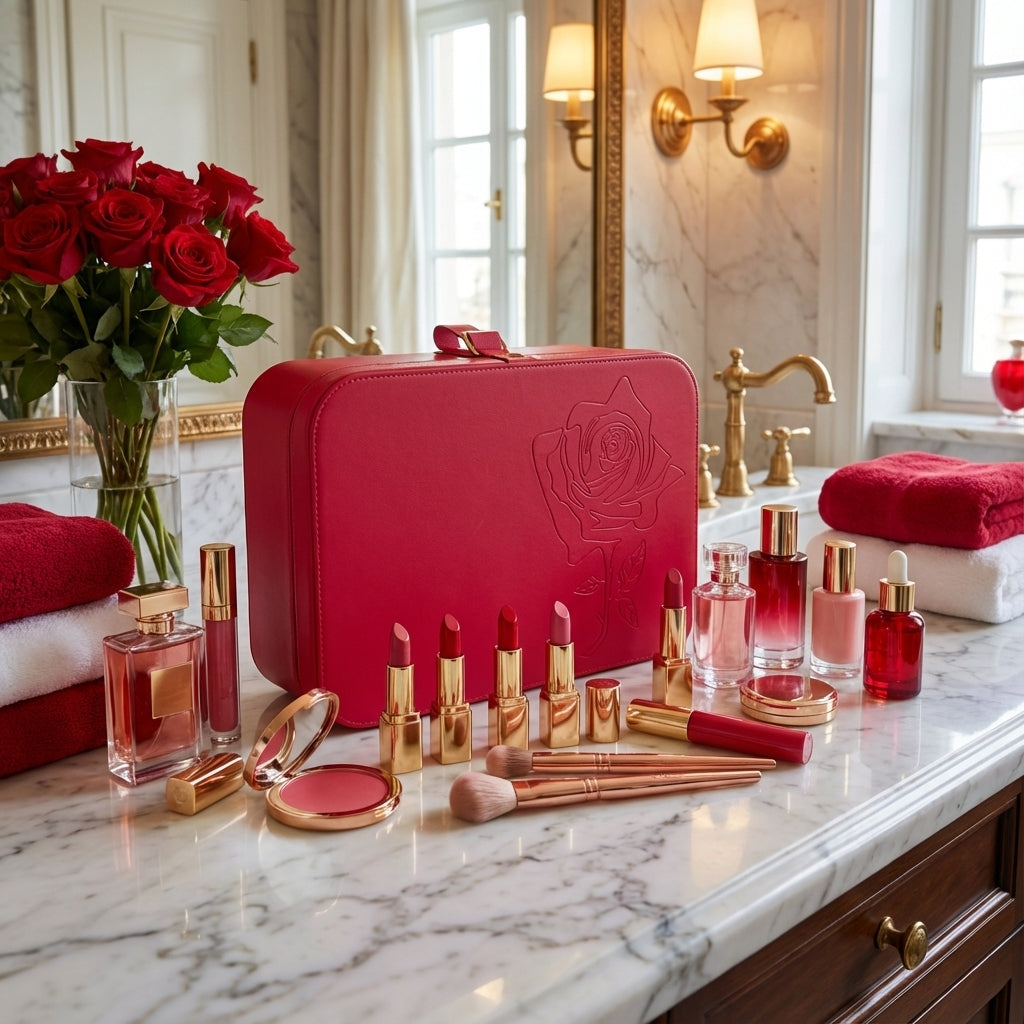 Red faux leather train case with embossed rose being used for makeup products storage on bathroom marble counter